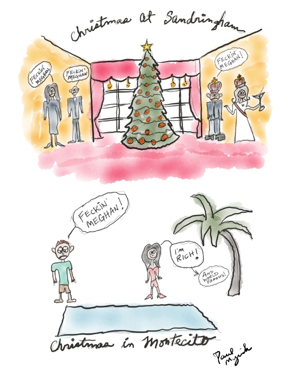 Christmas at Sandringham and Montecito cartoon watercolor parody